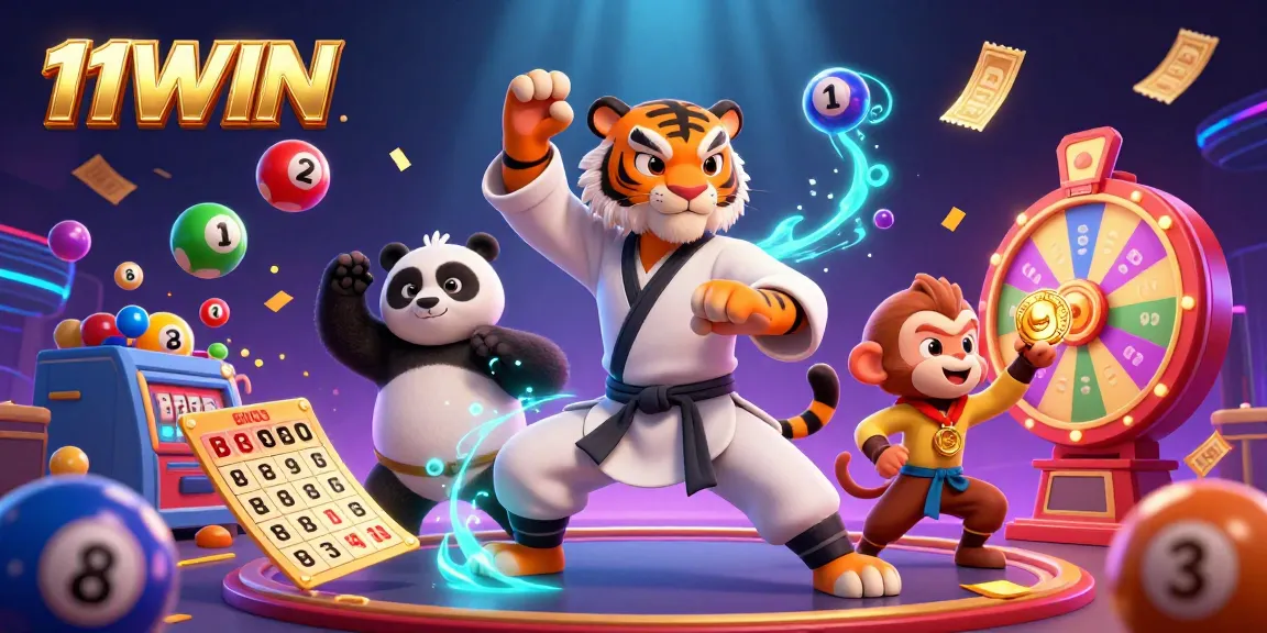 Engage in thrilling lottery action with 11WIN as the kung fu tiger and panda disciple showcase winning moves amidst colorful gaming elements.