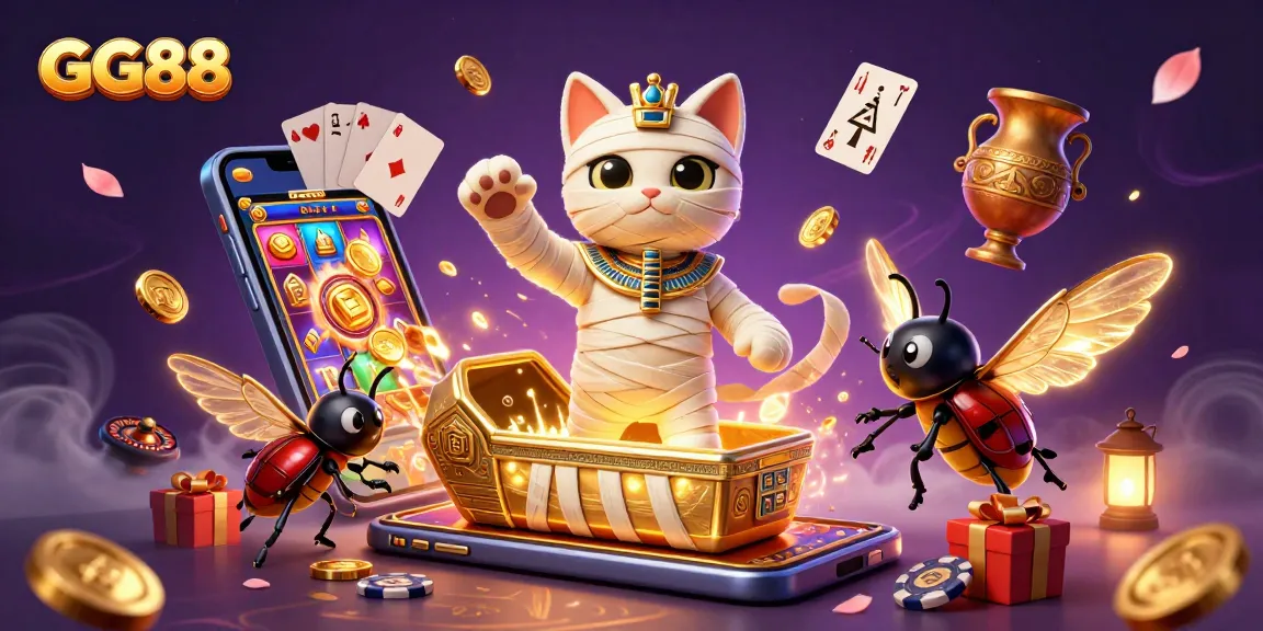 Experience GG88's vibrant gaming scene with a mummy cat, scarab beetle and classic casino games.