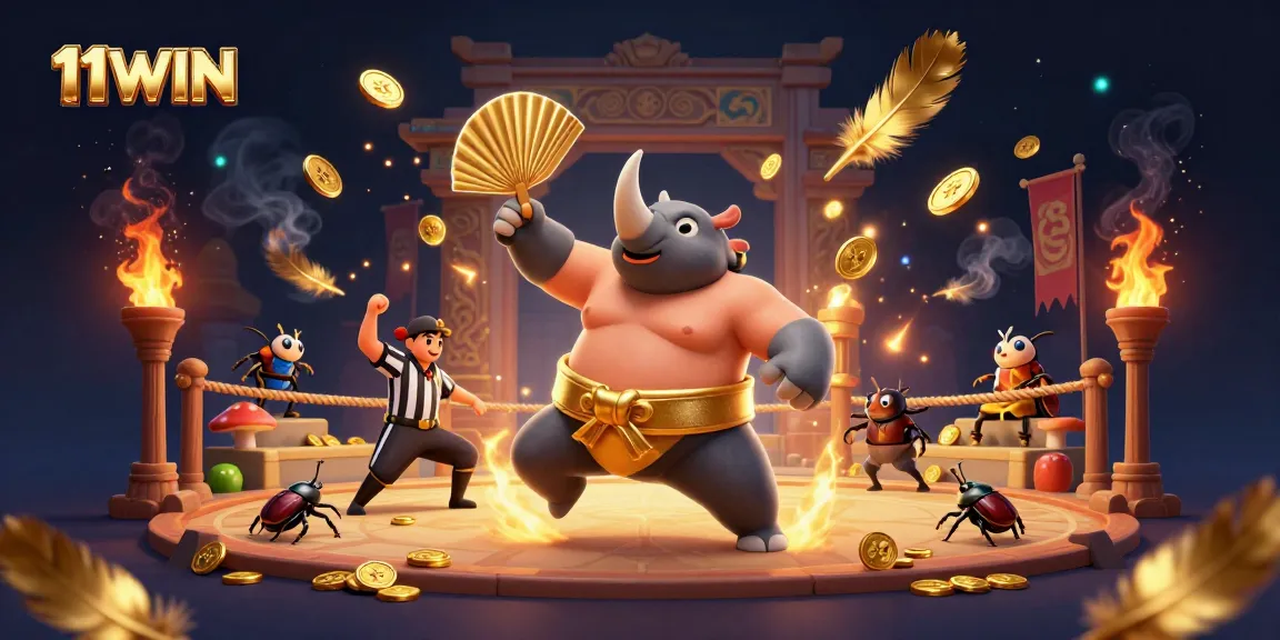 11WIN brings excitement with a 3D sumo beetle champion and referee in a dynamic casino scene.