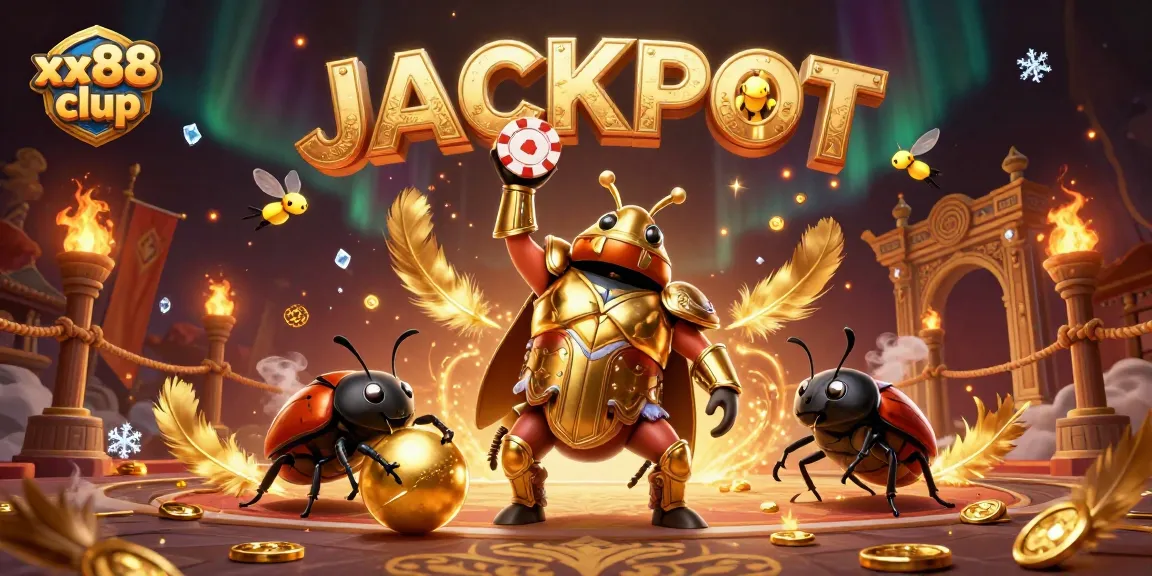 Lift your stakes with xx88 clup, featuring a victorious beetle champion in a dynamic casino scene.