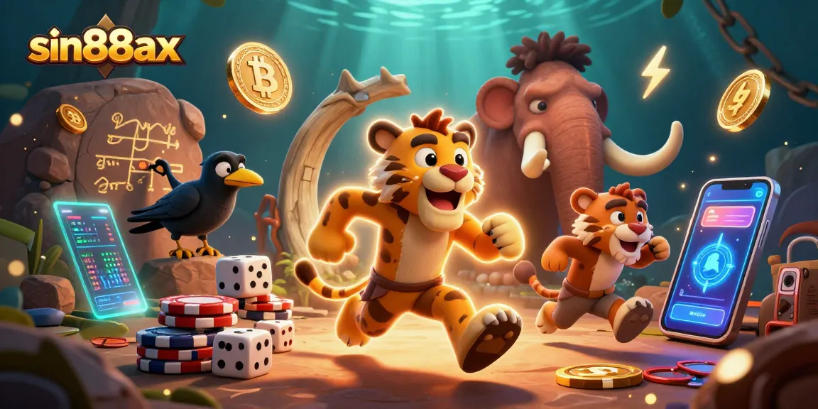 Experience the thrill of sin88ax with a vibrant prehistoric casino scene featuring unique playful characters.