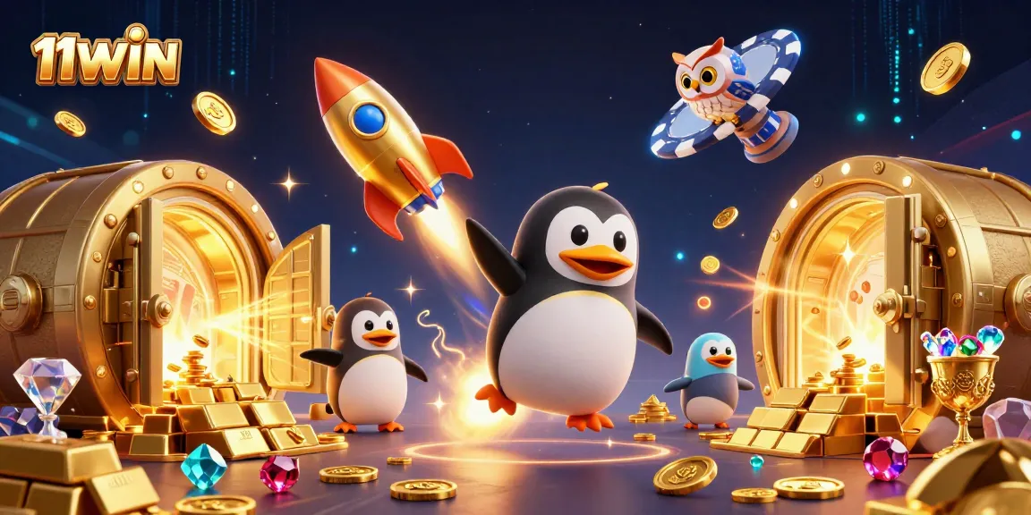 Engage with 11WIN’s thrilling space adventure featuring a golden penguin and casino visuals.