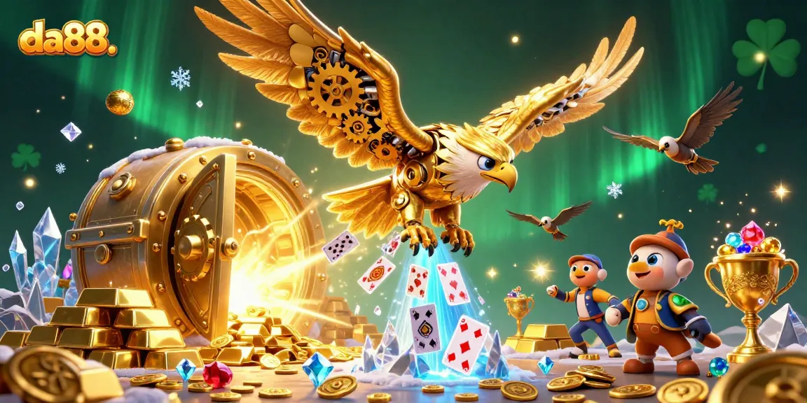Experience exhilarating wins at da88. with a cybernetic eagle amidst golden treasures and playing cards.