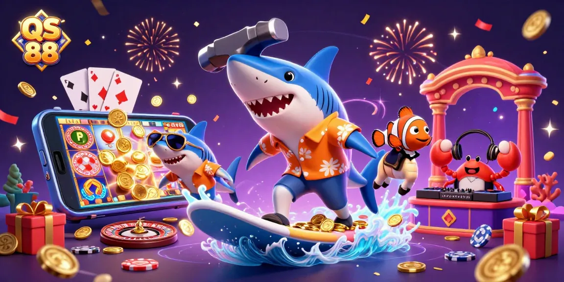Engage with the vibrant world of QS 88 as characters celebrate casino wins amidst colorful slots and golden coins.