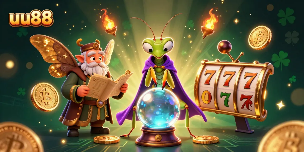 Engage with uu88's slot games while vibrant characters and glowing coins surround the mystical fortune teller.