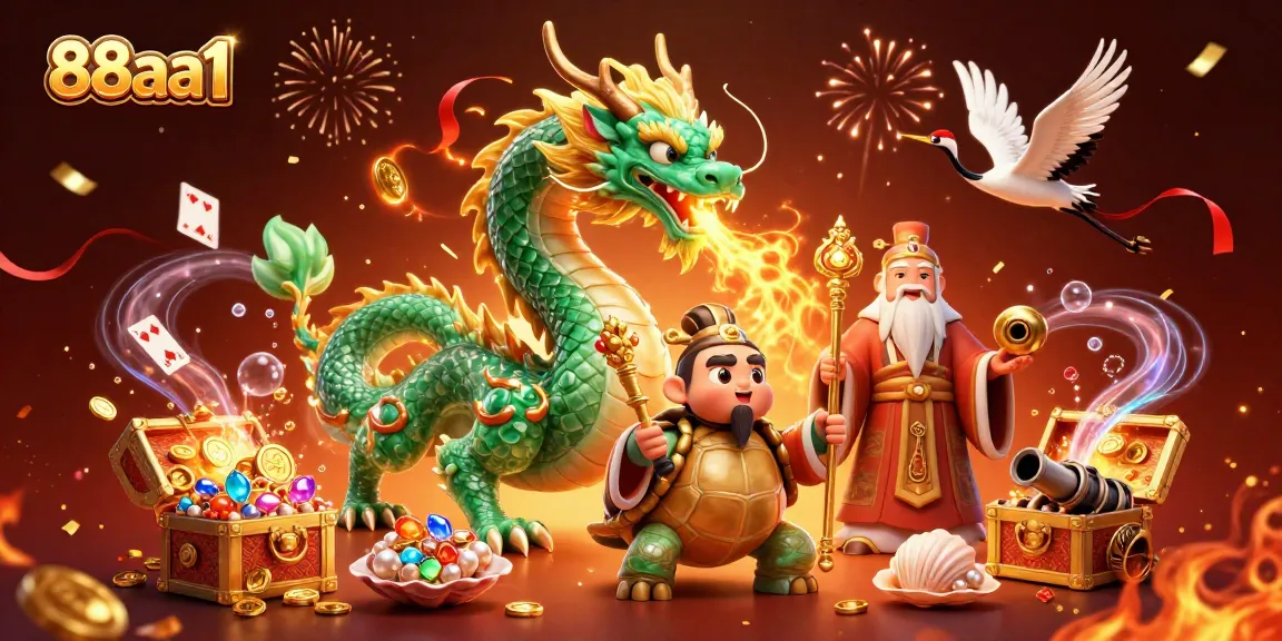 Experience thrilling gaming action at 88aa1 with an enchanting scene featuring a jade dragon, lucky cranes, and treasure.