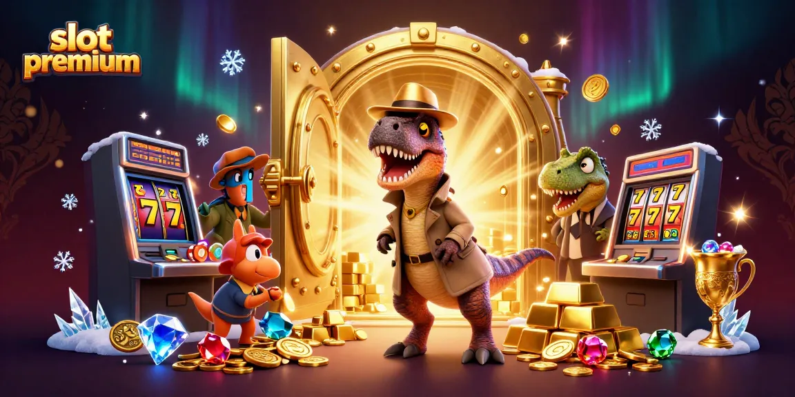 Experience slot premium excitement with a cartoon velociraptor at a slot machine.
